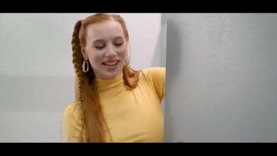 Busty Redhead Gets Excited With Dicks Of Two Sexy Trans-girls In the Gloryholes Of Public Toilet