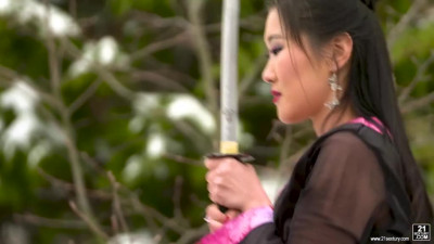 Exotic Asian babe Katana handles enormous European cock