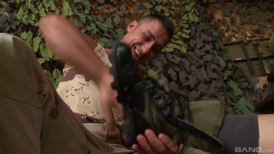 Army girl Denise Sky rides a soldier's cock and gives him a footjob