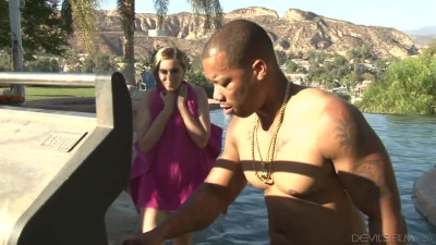 Niki Snow gets her hairy pussy fucked by black stepdad by the pool