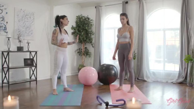 Sports chicks Heather Vahn and Joanna Angel try out the lesbian yoga