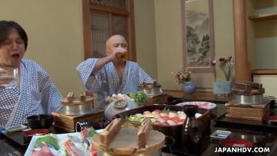 Hairy pussy flavored sashimi served by two Japanese waitresses