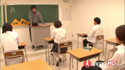 Asian coed Akina Hara gets toyed and facialized by a teacher and studs