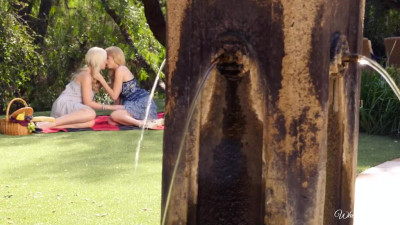 Two magnificent blonde cuties enjoy lesbian sex at a picnic