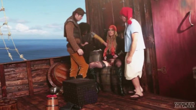 Slutty pirate chick with hairy pussy gets banged by three dudes on a ship