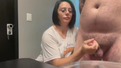 Brother's wife gives me a handjob and makes me cum on camera