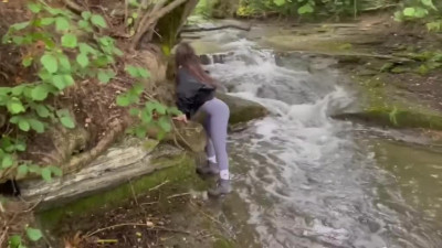 Hot outdoor fuck in woods with booty Brunette in black panties