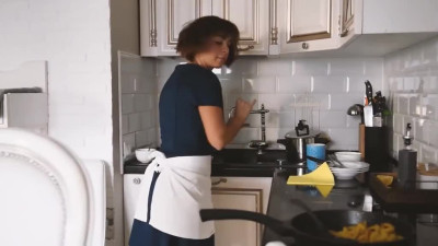 Impudent man fucks an emigrant maid in the kitchen while his wife is at work