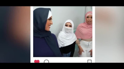 Three girls in hijabs share one big white cock